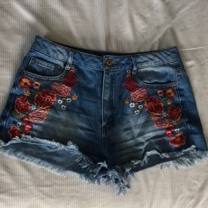 Floral embroidered denim cutoff shorts